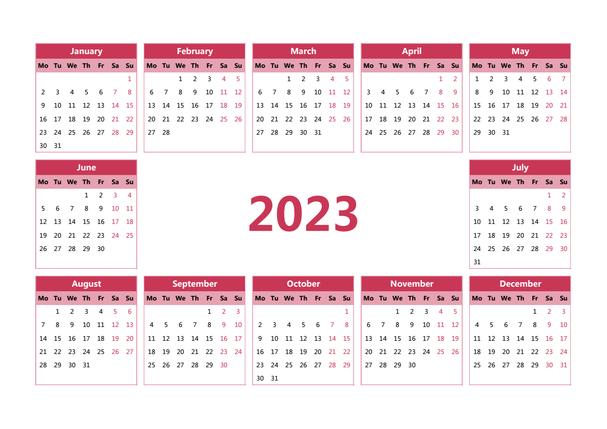 2023年日历 A3横向 英文版 无农历 无周数 周一开始